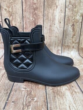 Henry Ferrera Black Rubber Chelsea Ankle Rain Boots Buckle Quilted Round Toe 8